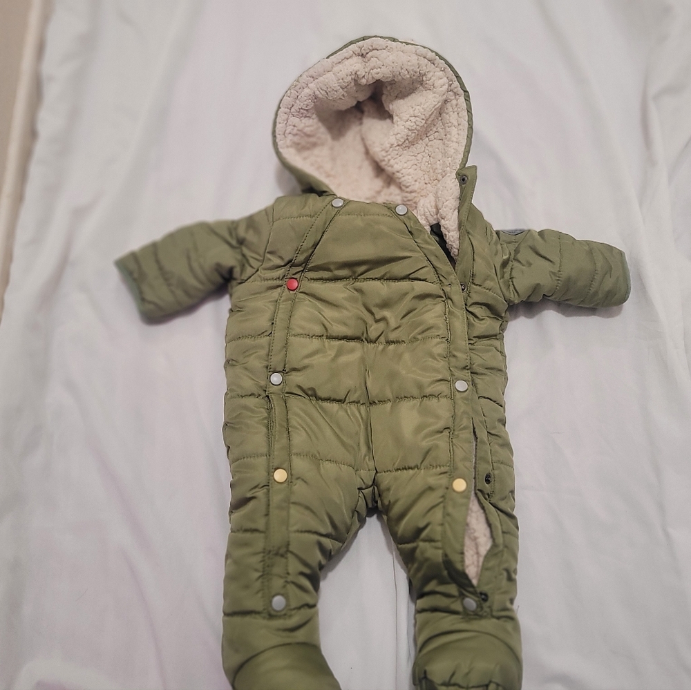 Olive Green Sherpa-Lined Baby Snowsuit